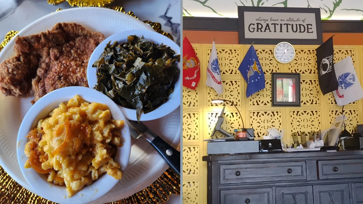 A hearty plate with sides and cornbread.