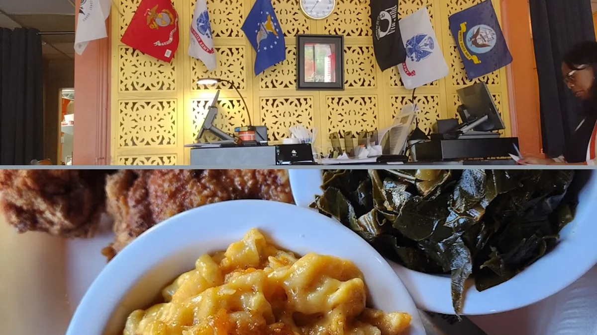Crisp fried fish beside collard greens and yams.