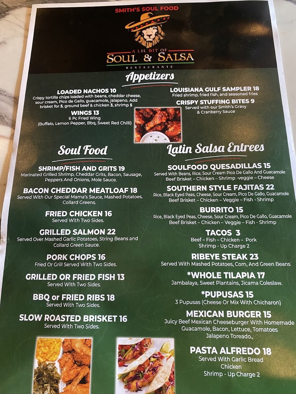 Printed menu with lunch and dinner sections.