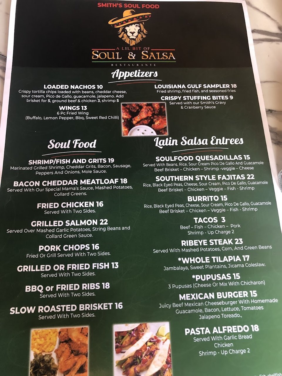 Soul food menu listing mains, sides, and desserts.