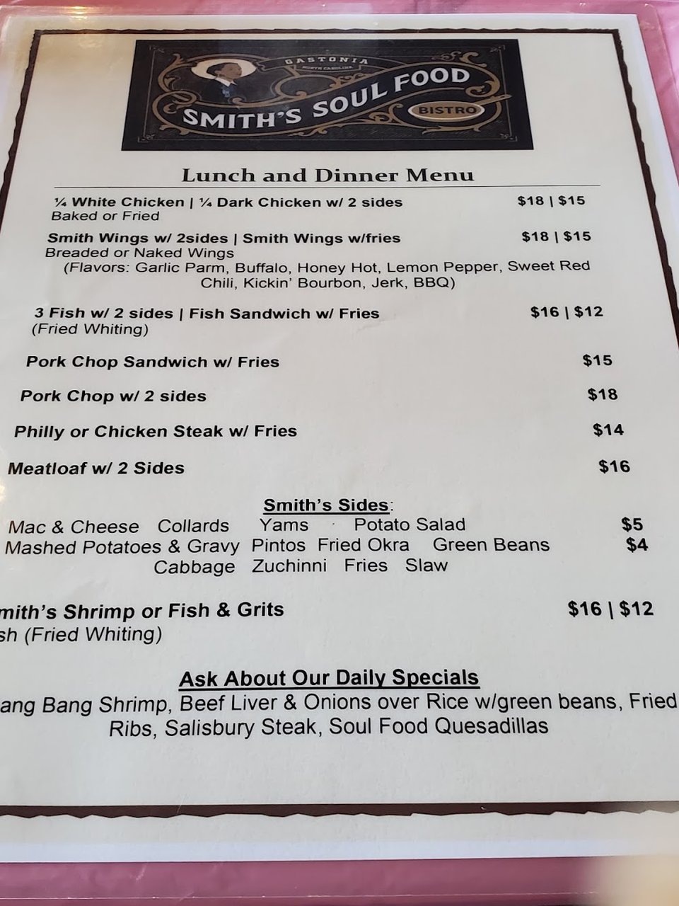 Menu page showing fish, chicken, and cake.